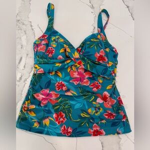 Lands' End Women’s Size 12 Swimsuit wired Tankini Top-Teal Floral Tank Top